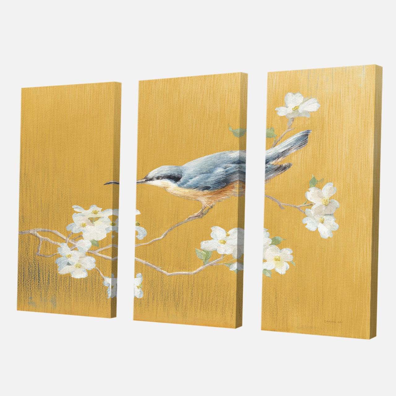 Designart - Gold Bird on Blossoms II - Farmhouse Canvas Artwork